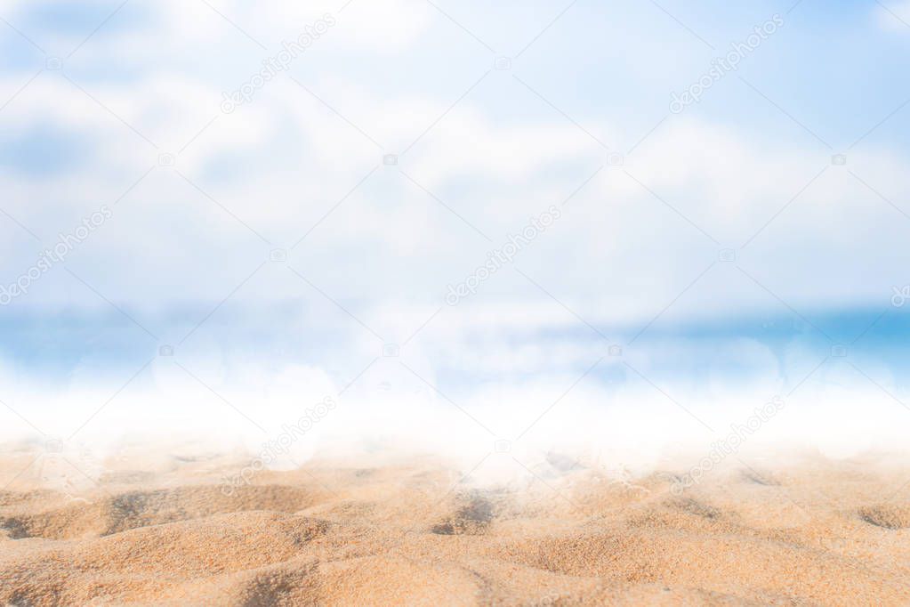 Tropical nature clean beach and white sand in summer with sun light blue sky and bokeh background.