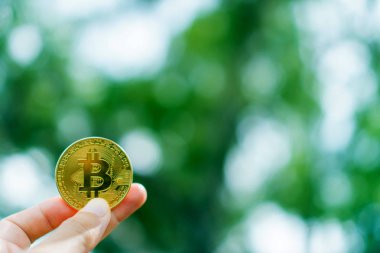 Elle metin koyabilirsiniz copyspace ile doğa arka plan ile kripto para birimi olarak Bitcoins bir sembol tutun.