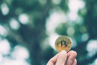 Elle metin koyabilirsiniz copyspace ile doğa arka plan ile kripto para birimi olarak Bitcoins bir sembol tutun.