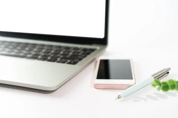 Laptop Białym Czystym Ekranem Izolowanym Białym Tle Małą Rośliną Gadżetem — Zdjęcie stockowe