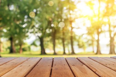 Bokeh soyut arkaplan ile Bulanık Doğa Bulanık Parkı üzerine boş eski ahşap seçici odak.