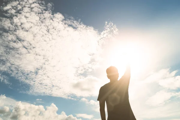 Människan Reser Sig Upp Till Himlen Metafor Frihet Koncept Med — Stockfoto