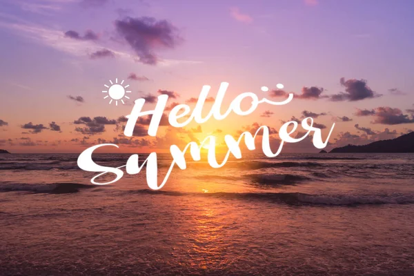 Hello summer qoute on summer time beach background. Holiday vacation time concept.