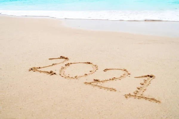 2021 Έτος Χέρι Που Άμμο Φόντο Καλοκαιρινή Παραλία — Φωτογραφία Αρχείου