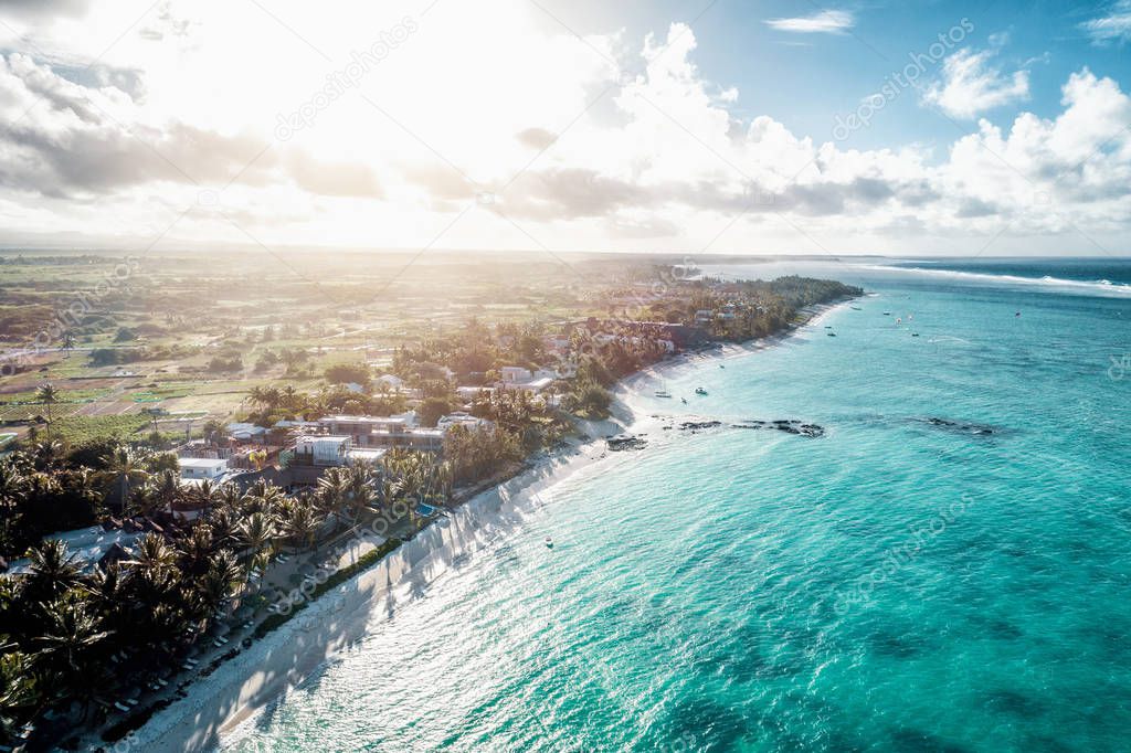 Aearial view of Belle Mare beaches, Mauritius.