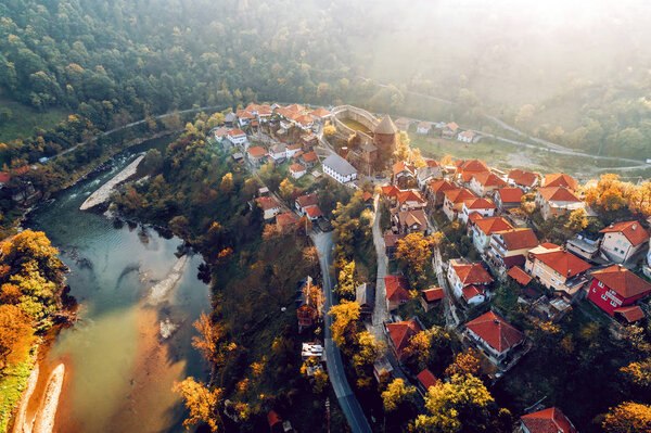 Aerial view of ancient city and castle of Vranduk in middle Bosnia. Near Zenica, Bosnia and Herzegovina. Toned image.