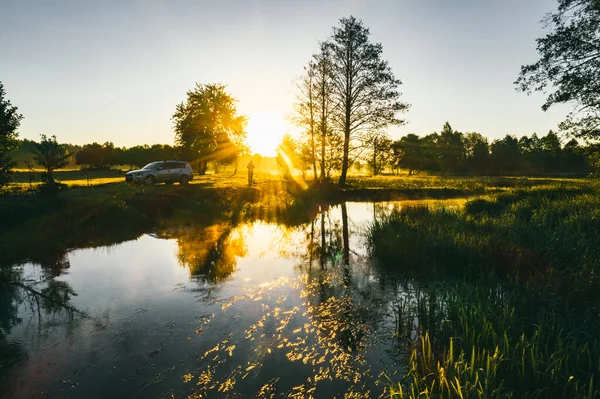 Fri soluppgång över floden. Drönarfoto — Stockfoto