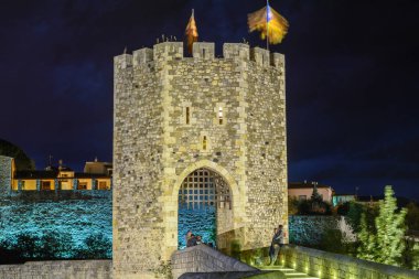 BESALU (Catalonia, İspanya): 18 Nisan 2018: Ortaçağ Köprüsü Besalu (Catalonia, İspanya)