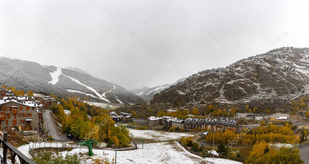 Beautiful views of the ski world cup track in the first autumn snows in Grandvalira, El Tarter, Canillo, Andorra.
