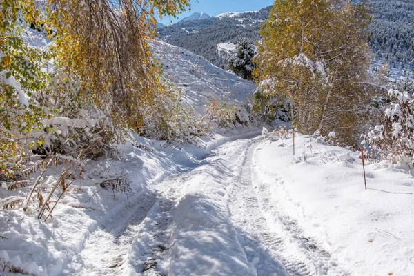 Hermoso Paisaje Soldeu Canillo Andorra Una Mañana Otoño Primera Nevada — Foto de Stock