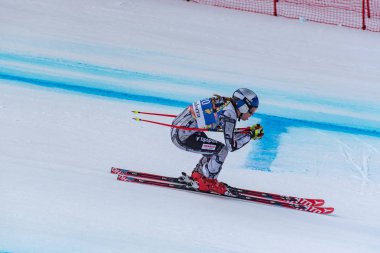 Ester Ledecka CZE Andorra Soldeu-El Tarter de fis Alpine Ski Dünya Kupası finallerinin Kayak Dünya Finalleri yokuş aşağı kadın yarışı için prueba koşmak yer alır, Mart 'ta 12, 2019.