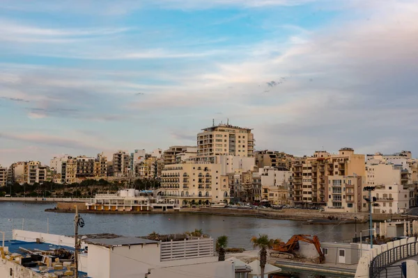 The panorama of harbour on St Paul's Bay with fishing boats and — Stock Photo, Image