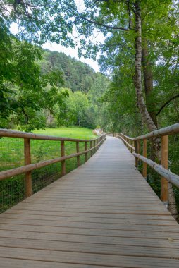 Yazın Andorra 'da Cami Ral' deki Valira del Orient nehri arasında köprü..