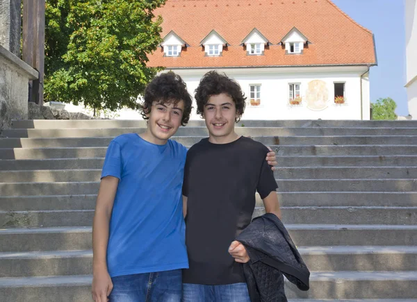 Retrato Gêmeos Felizes Bled Eslovênia — Fotografia de Stock