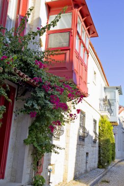 Alacati cesme, İzmir 'de dar bir sokakta renkli ve taştan evler