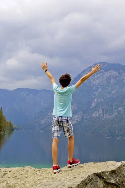 Child Top Mountain Lake Bohinj Slovenia — Stock Photo, Image