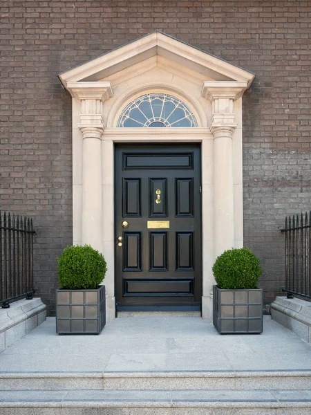 Типичный Вход Дублин Черной Дверью Золотыми Ручками Лестницей Двумя Растениями — стоковое фото
