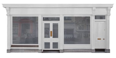 Beyaz boyalı ahşap açık dükkan pencere ve kapı beyaz arka plan üzerinde boşaltma ile alışveriş