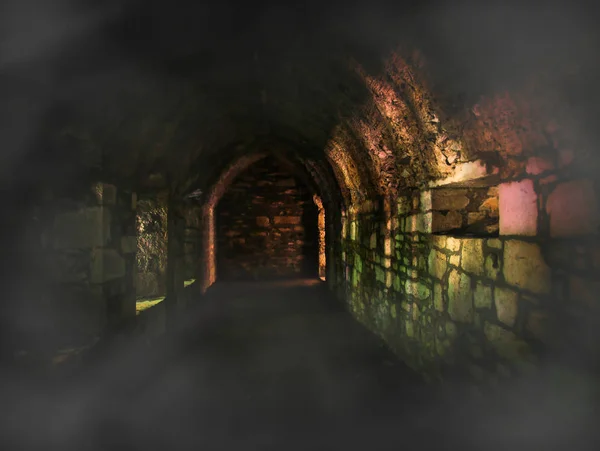 Ondergrondse Tunnel Kelder Met Mist Kleurrijke Lichteffecten Individuele Stenen Van — Stockfoto
