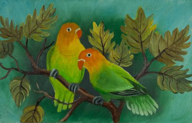 Bir tuval üzerine yağlıboya, iki renkli budgerigars boyalı