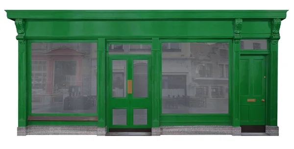 Tienda Con Entrada Verde Madera Dos Escaparates Una Puerta Entrada — Foto de Stock