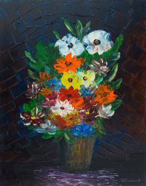 Yağlı boya ile bir vazoda kırmızı mavi kahverengi arka plan önünde farklı çiçekler