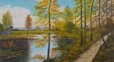 Oilpainting kaldırım köyü bir arka plan ve dağların ahırda ile bir gölde