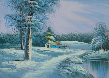Bir nehir ve bir Şapel ile karla kaplı kış manzara yağlıboya resim