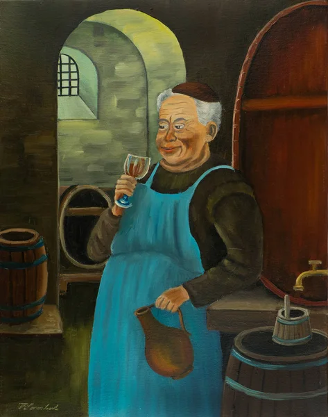 Peinture Huile Franciscain Avec Tablier Bleu Buvant Verre Vin Bière — Photo