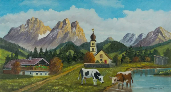 Ölgemälde Einer Landschaft Mit Kühen Einer Kirche Und Einem Bauernhaus — Stockfoto