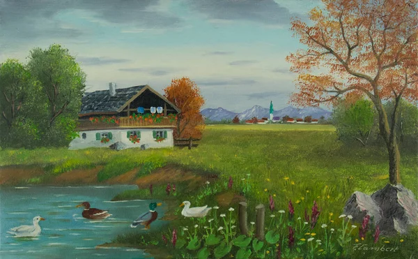 Pintura Óleo Três Patos Nadando Uma Lagoa Frente Uma Fazenda — Fotografia de Stock