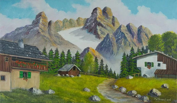 Peinture Huile Une Montagne Partiellement Enneigée Avec Sentier Des Maisons — Photo