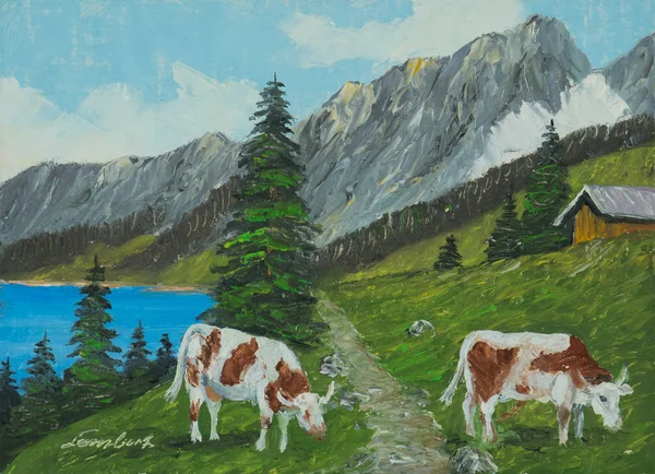 Pintura Óleo Uma Paisagem Montanhosa Com Lago Duas Vacas Primeiro — Fotografia de Stock