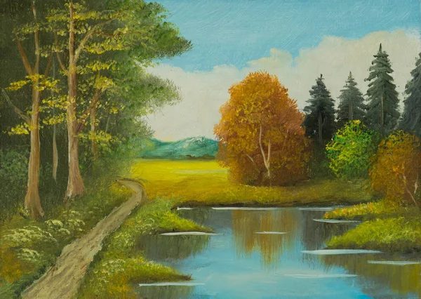 Olieverf Schilderij Van Een Landschap Met Bomen Een Pad Aan — Stockfoto