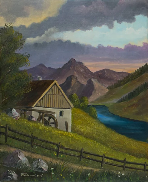 Oil painting of a mountain landscape with an old mill at a river