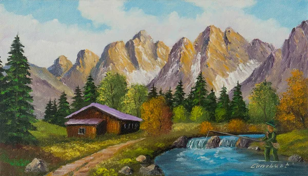 Painting with oil paints from a house in the mountains next to a mountain stream