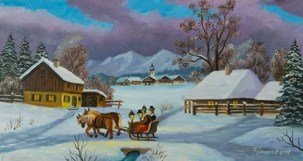 Olieverfschilderij Van Een Winterlandschap Met Twee Personen Zittend Een Koets — Stockfoto