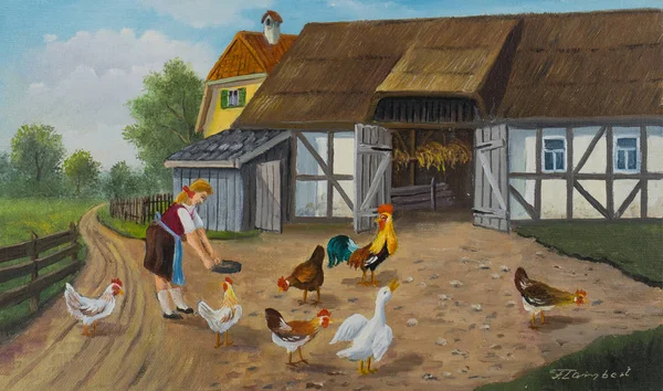 Olaj Festmény Eszik Egy Tál Szabad Tartású Csirkék Egy Gazdaságban — Stock Fotó