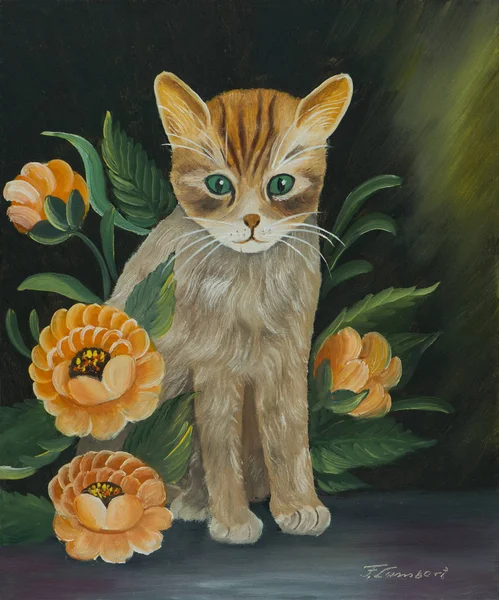 Oil painting - A small beige striped cat sitting on the table between orange flowers