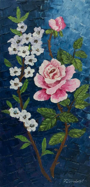 Ελαιογραφία Υποκατάστημα Ροζ Και Άσπρα Λουλούδια Μπλε Φόντο — Φωτογραφία Αρχείου