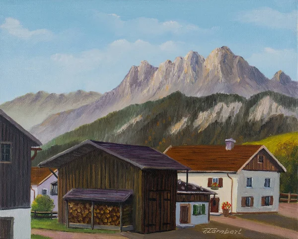 Pintura Óleo Várias Casas Celeiro Nas Montanhas — Fotografia de Stock