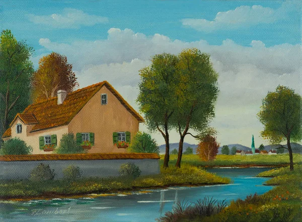 在河边的房子和教堂附近的一个小地方油画 — 图库照片