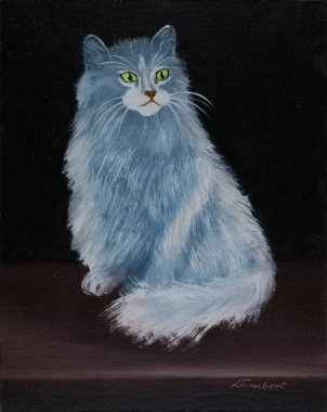 Oilpainting - gri mavi Angora kedi siyah bir arka plan karşı yeşil sarı gözlü