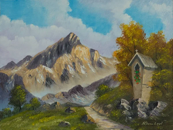 Malba Olejovými Barvami Boží Muka Úzkou Cestu Horách — Stock fotografie