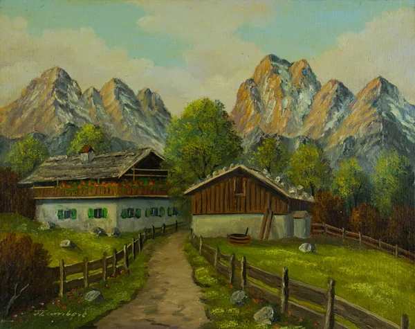 Oil painting - fenced path to a farmhouse in the mountains