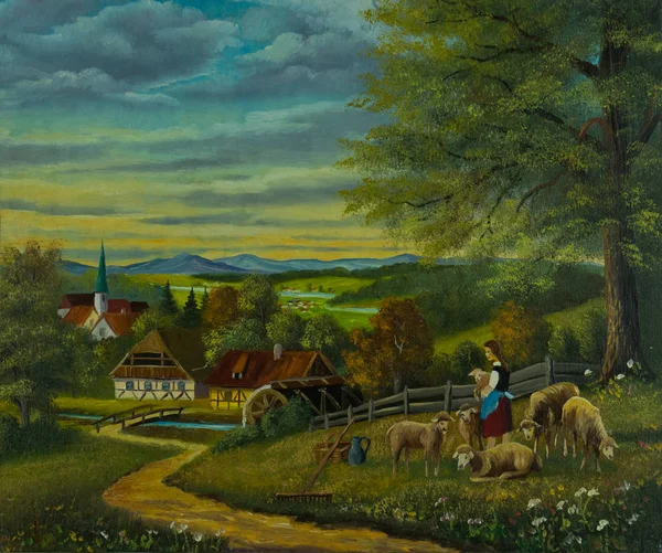 Obraz Olejny Owiec Łące Kwiat Przed Wieś Kościołem — Zdjęcie stockowe