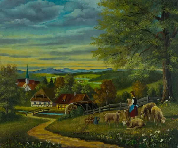 Oil painting with sheep in a flower meadow in front of a village with a church