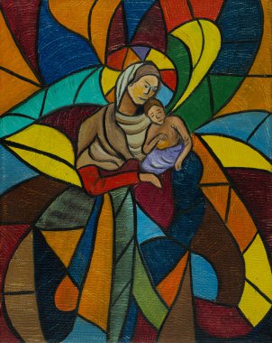 Yağlı boya - cam mozaik penceresinden boyalı kadın ve çocuk ile