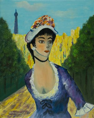 Oilpainting Paris'te Eyfel Kulesi önünde bir parkta şapkalı bir kadın
