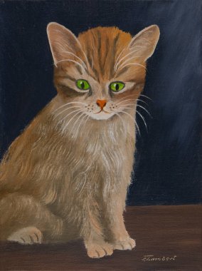 Yağlı boya - Eien küçük bej kedi çizgili kürk ve yeşil gözleri önünde mavi bir arka plan ile